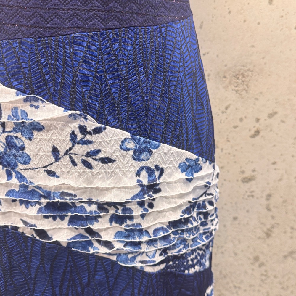 Desigual Patchwork Sheath Dress Womens Size M Blue Floral Mixed Media Ruffle Art - Picture 8 of 11